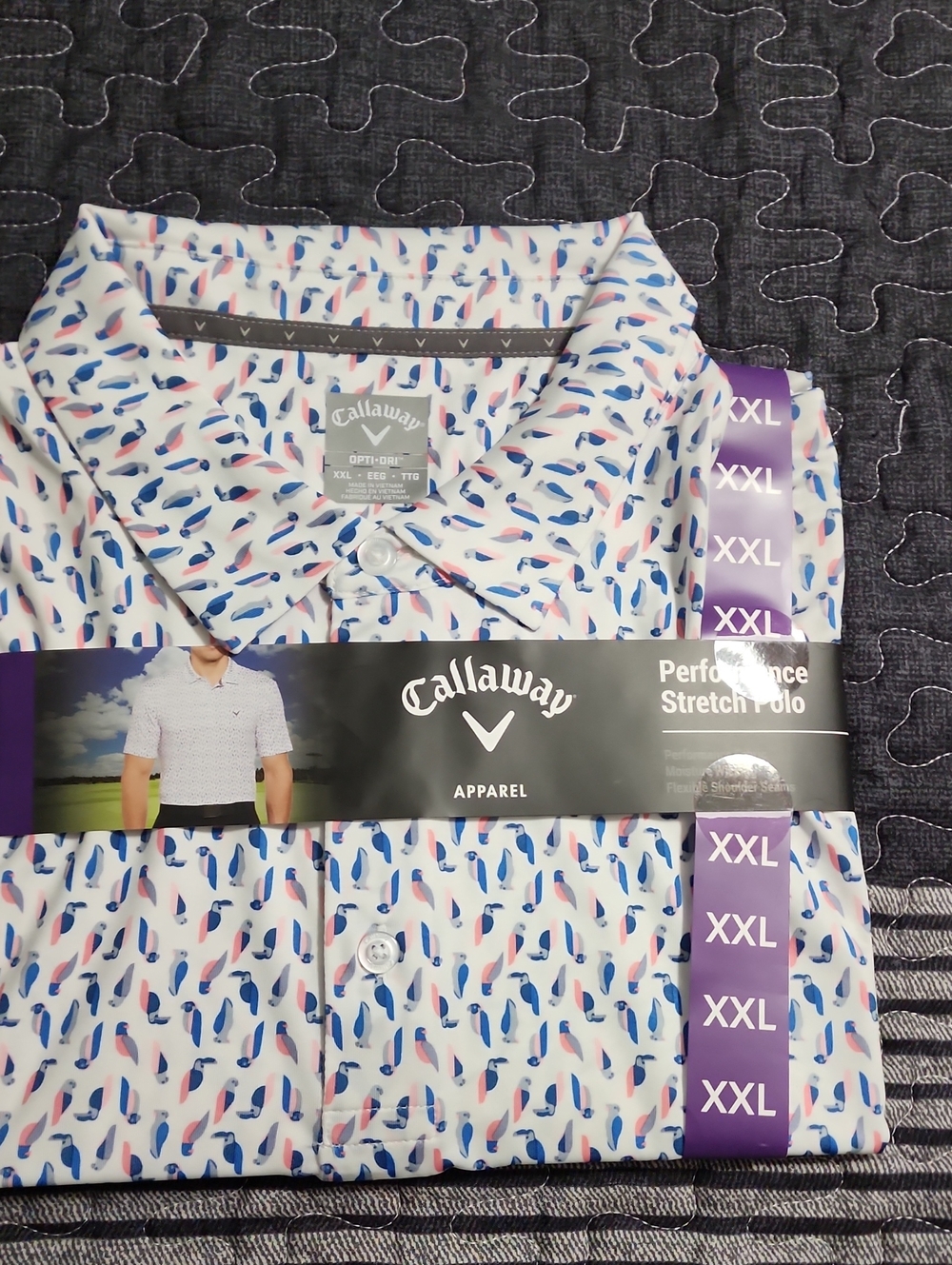 Callaway White Polo with Blue & Pink Feather Print